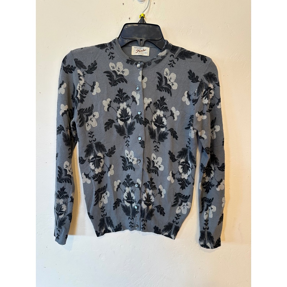 Vintage Turbo Floral Damask Cardigan Sweater Grey/Black Orlon Acrylic Button up